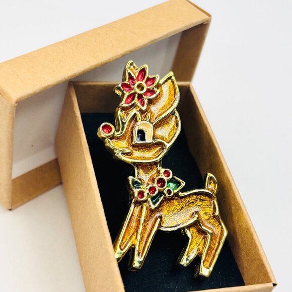 Vintage Gold-Tone Reindeer Brooch With Red Rhinestones & Poinsettia - Picture 1 of 3